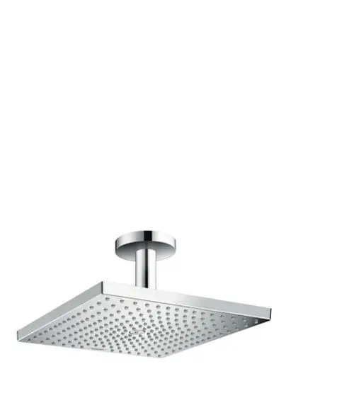 Deckenmontierte Kopfbrause in Chromoptik von Hansgrohe mit quadratischem Design und gleichmäßig angeordneten Auslassdüsen für Wasserstrahlen.